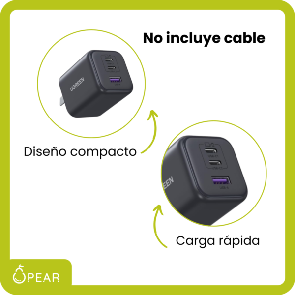 Cargador Ugreen 45w Usb-c Usb-a Carga Rápida 3 Puertos