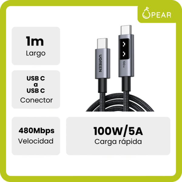 UGR-L509-1M-X1-2 Cable Usb C A Usb C Ugreen 1m 100w Carga Rápida Reforzado