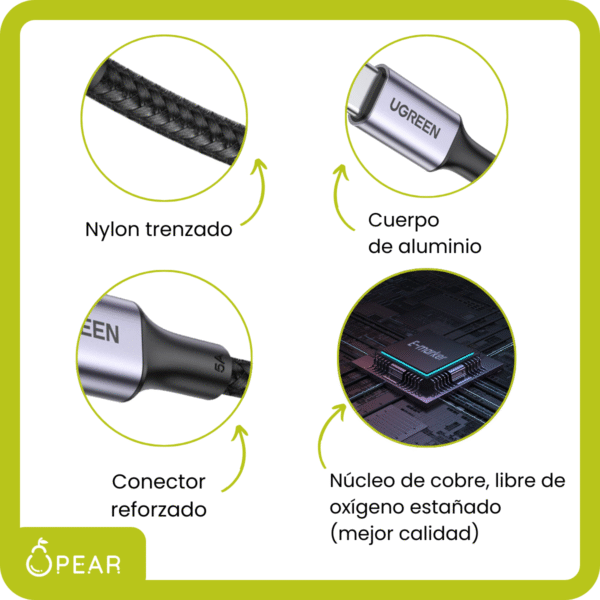 Cable Usb C A Usb C Ugreen 2m 100w Carga Rápida Reforzado