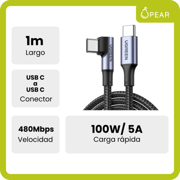 Cable Usb C A Usb C Ugreen 1m 100w Carga Rápida Reforzado